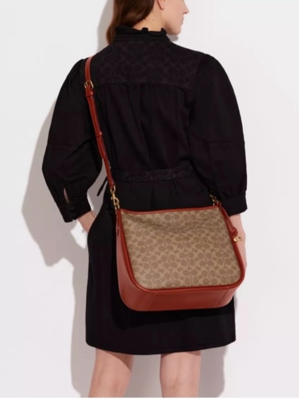 Coach Signature Canvas Hobo Bag in Brown with Red Trim E
